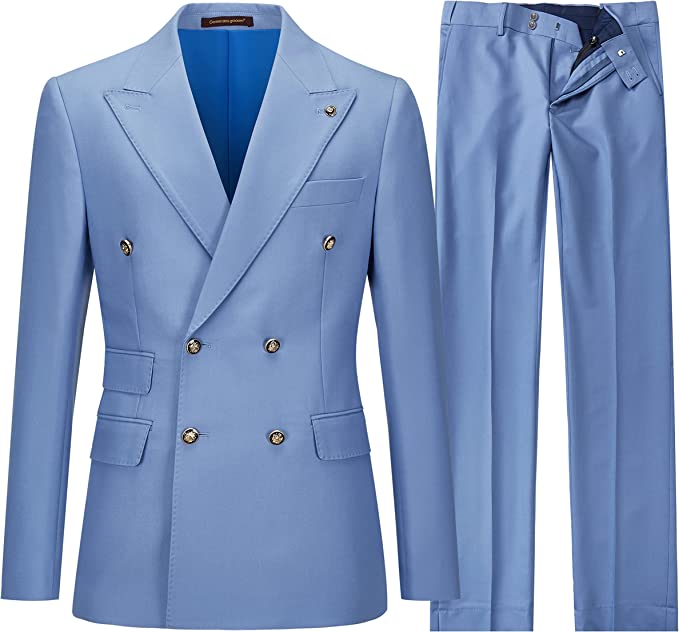 Fashion Light Blue Peaked Lapel Double-Breasted Prom Suit For Men