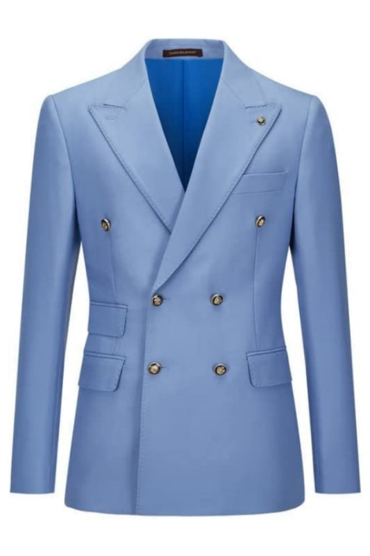 Fashion Light Blue Peaked Lapel Double-Breasted Prom Suit For Men