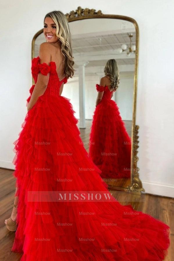 Fashion Long Red Mermaid Off-the-shoulder A-line Lace Prom Dress with Slit
