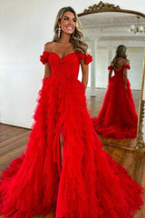 Fashion Long Red Mermaid Off-the-shoulder A-line Lace Prom Dress with Slit