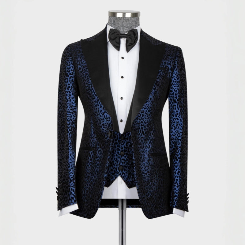 Fashion Navy Blue Jacquard Peaked Lapel Three-Piece Prom Suit