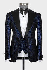 Fashion Navy Blue Jacquard Peaked Lapel Three-Piece Prom Suit