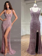 Fashion Sheath Bead Embroidery Dusk Square Split Long Formal Dress