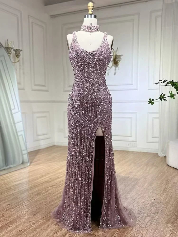 Fashion Sheath Bead Embroidery Dusk Square Split Long Formal Dress