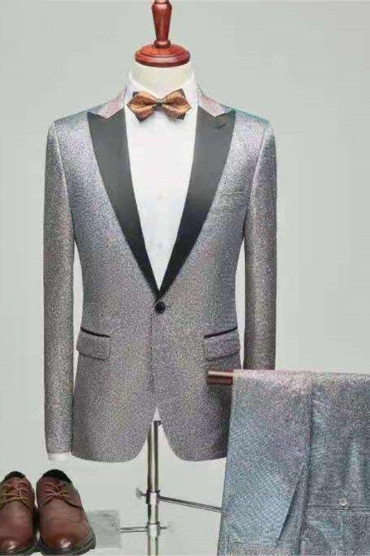 Fashion Silver Sequined Peaked Lapel Two-Piece Prom Suit