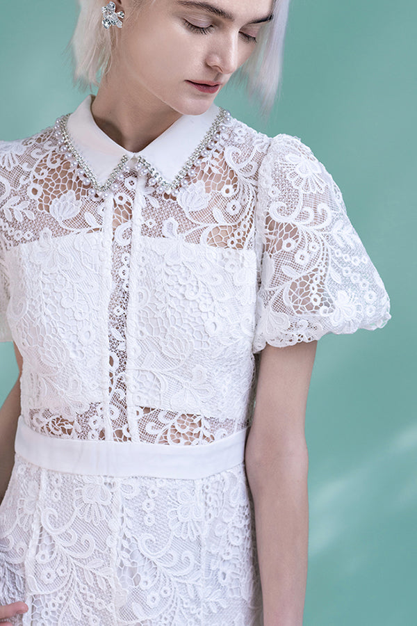 Fashion White Tea Length Lace Puff Sleeves Dress