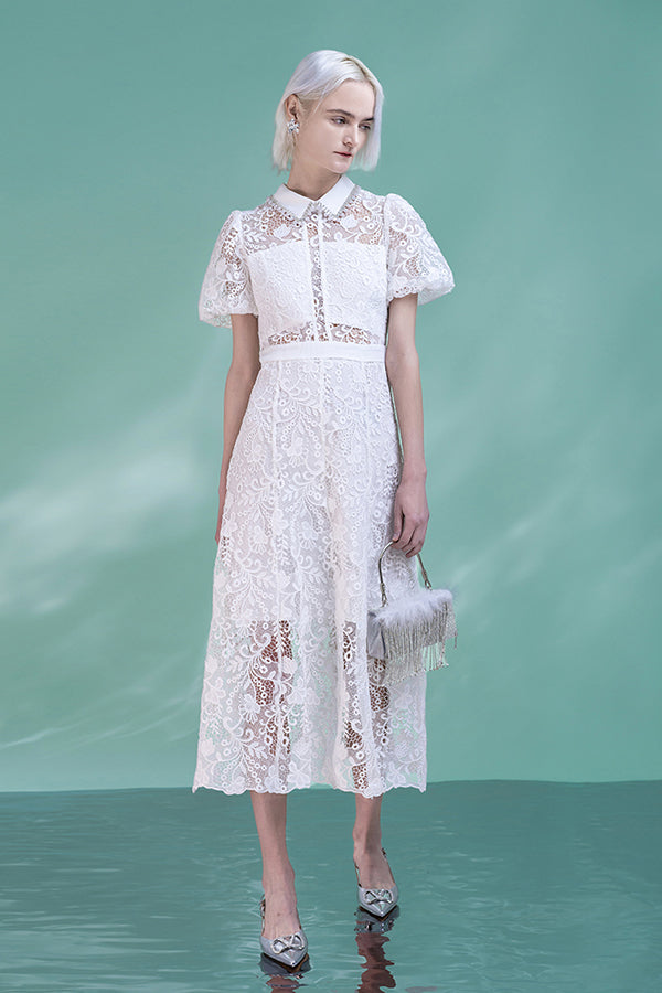 Fashion White Tea Length Lace Puff Sleeves Dress