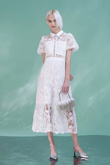 Fashion White Tea Length Lace Puff Sleeves Dress