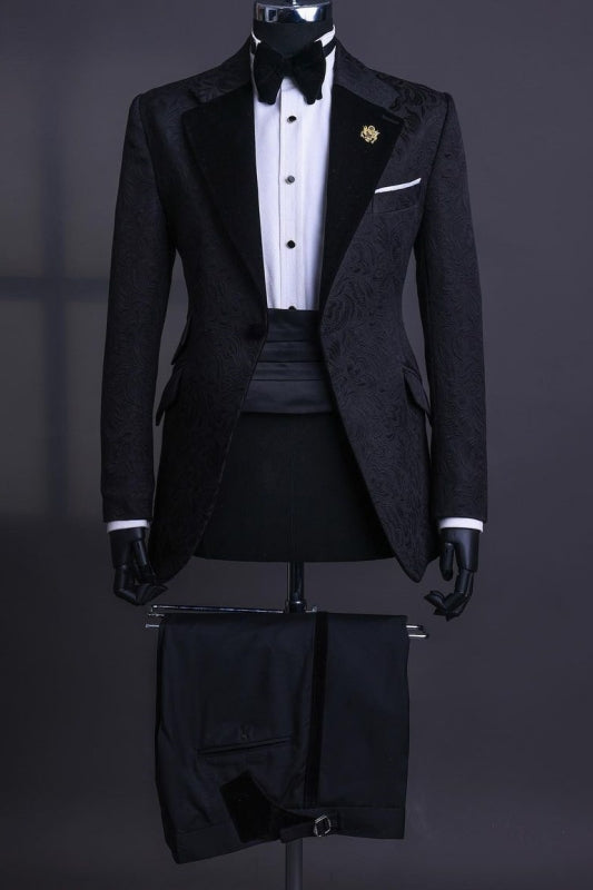 Fashionable Black Jacquard Notched Lapel Two-Piece Prom Suits