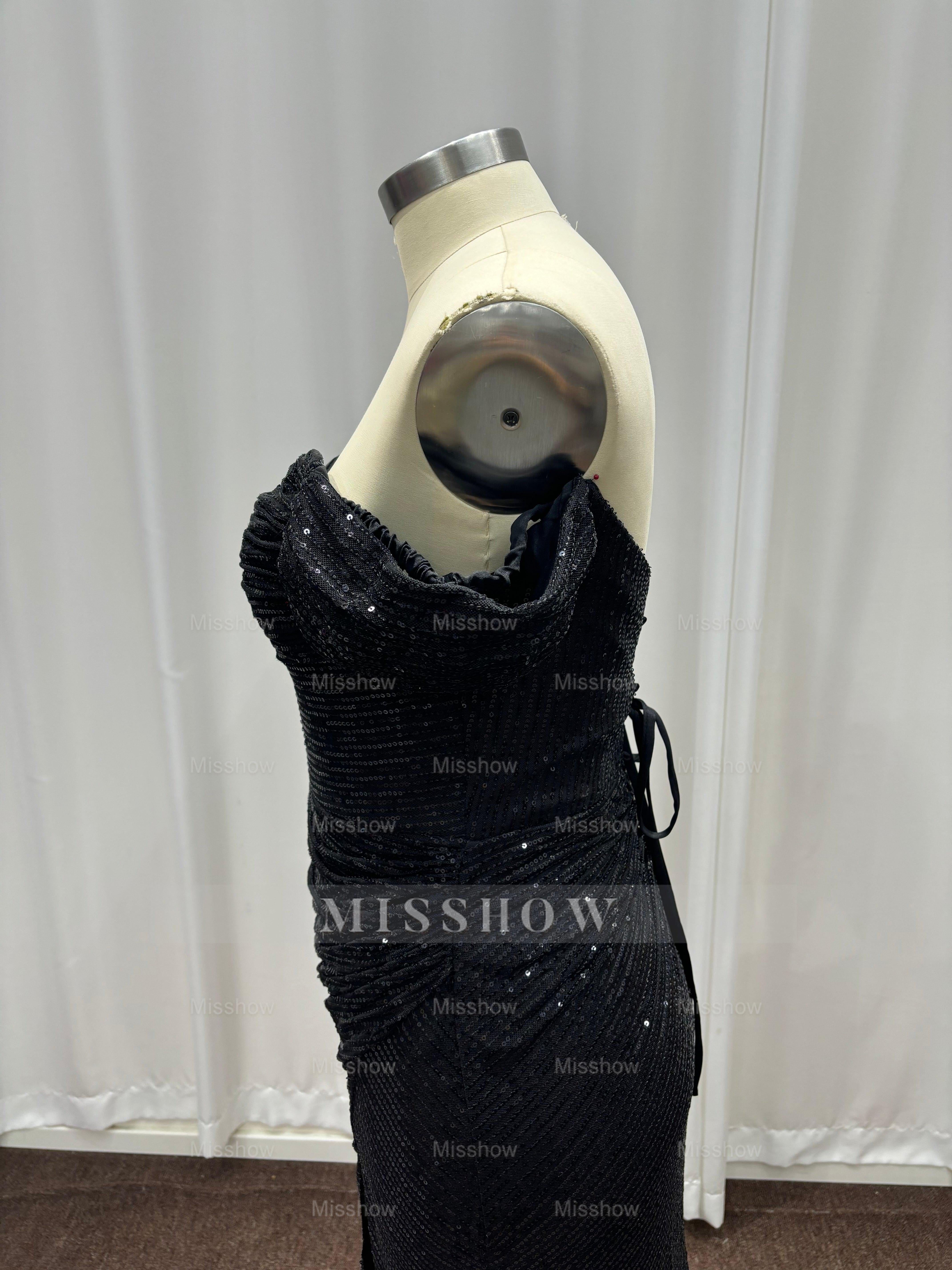 Fashionable Black Off-The-Shoulder Sequined Mermaid Evening Dress with Slit