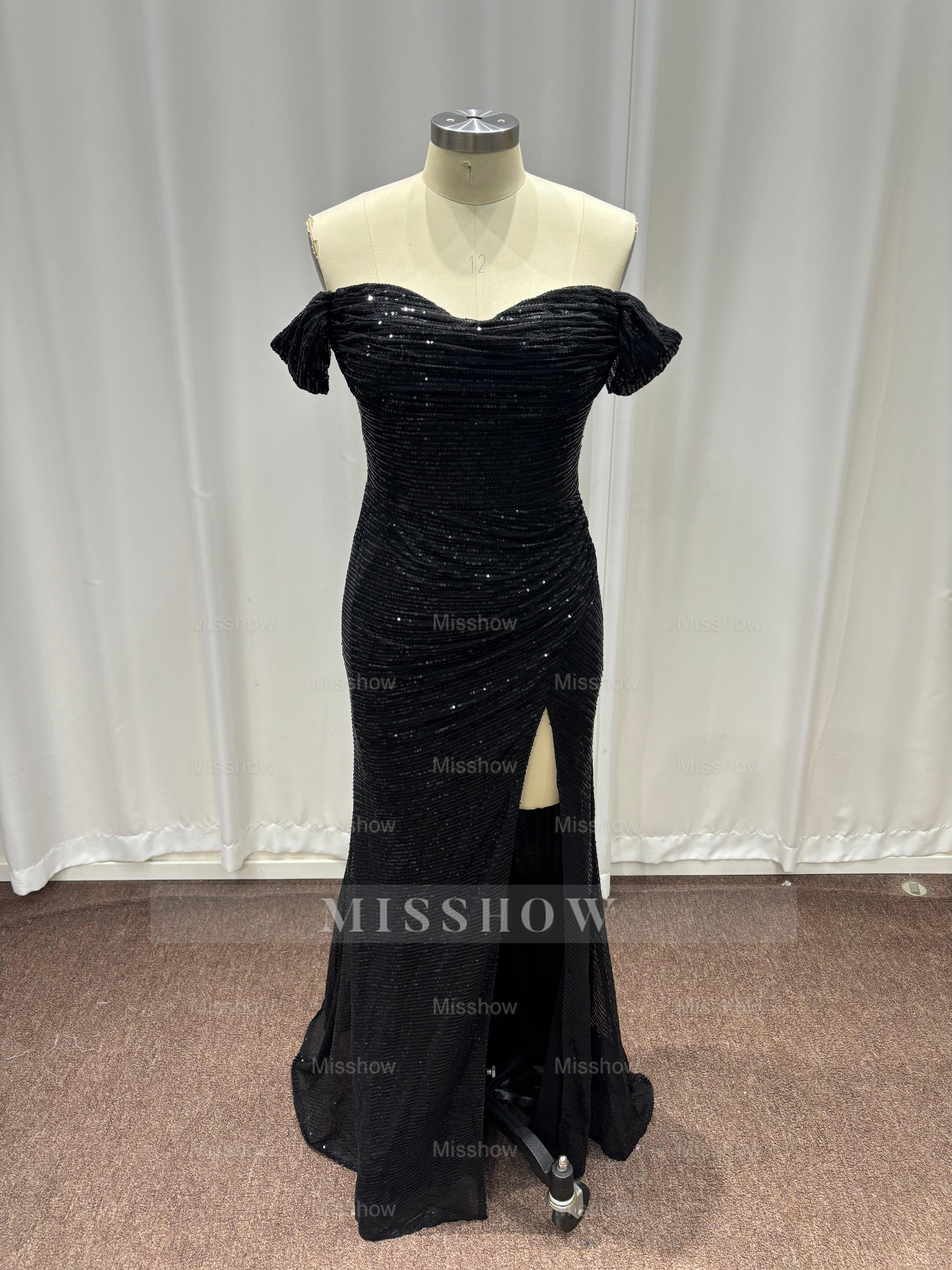 Fashionable Black Off-The-Shoulder Sequined Mermaid Evening Dress with Slit