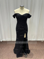 Fashionable Black Off-The-Shoulder Sequined Mermaid Evening Dress with Slit
