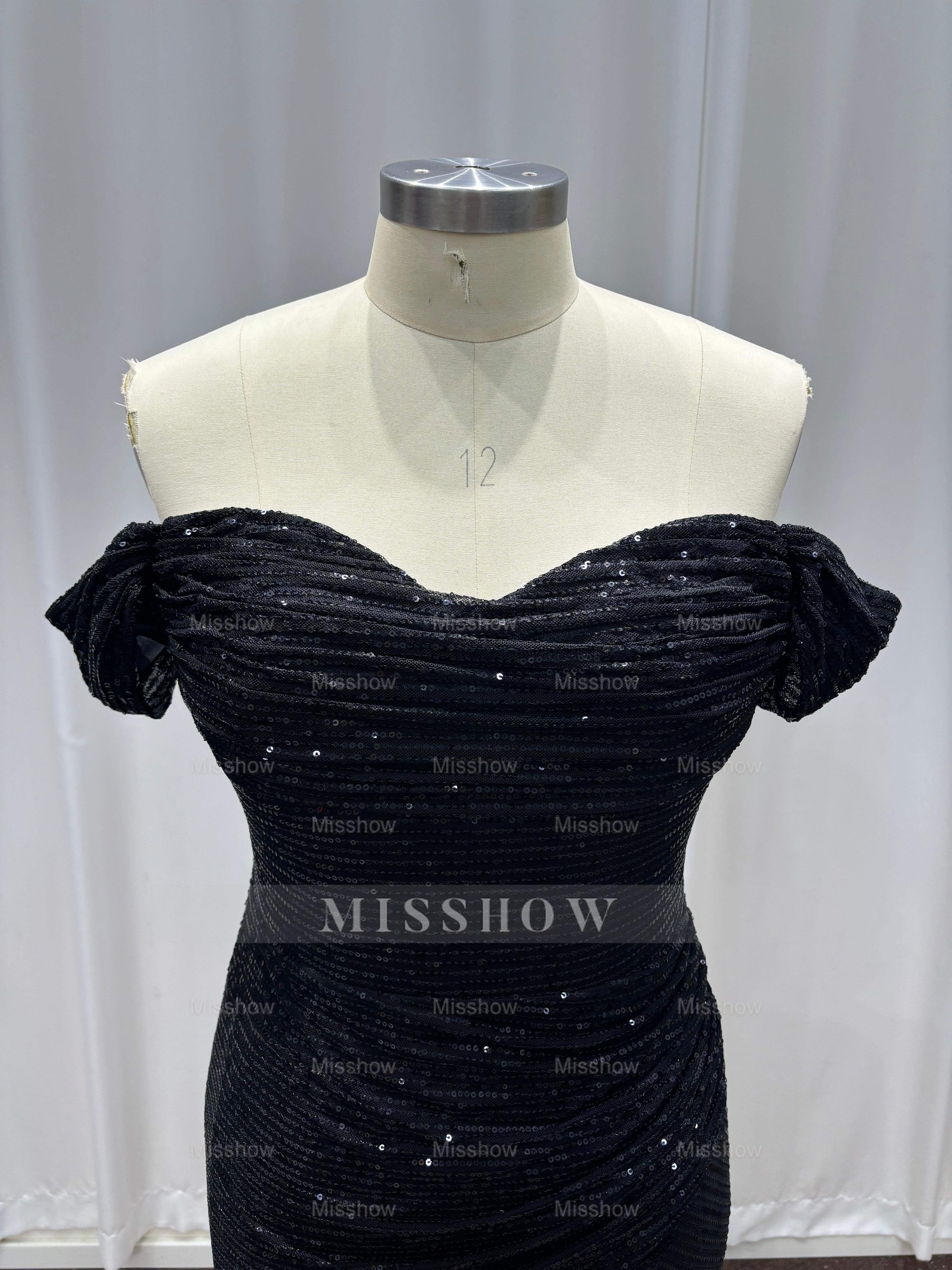 Fashionable Black Off-The-Shoulder Sequined Mermaid Evening Dress with Slit