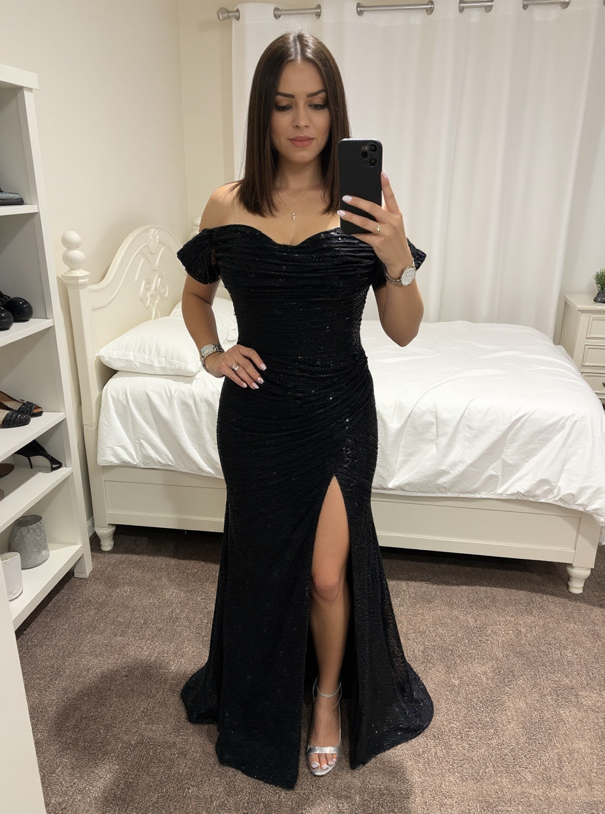 Fashionable Black Off-The-Shoulder Sequined Mermaid Evening Dress with Slit