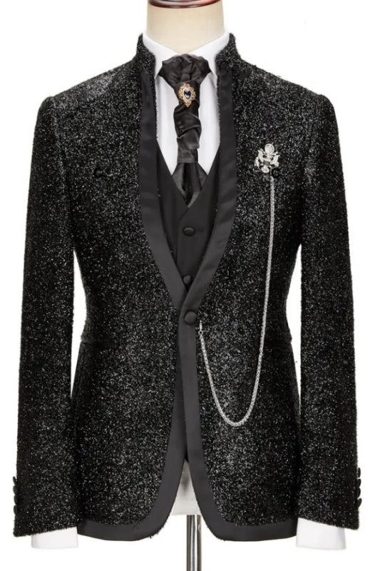 Fashionable Black Sequins Shawl Collar Three-Piece Wedding Attire