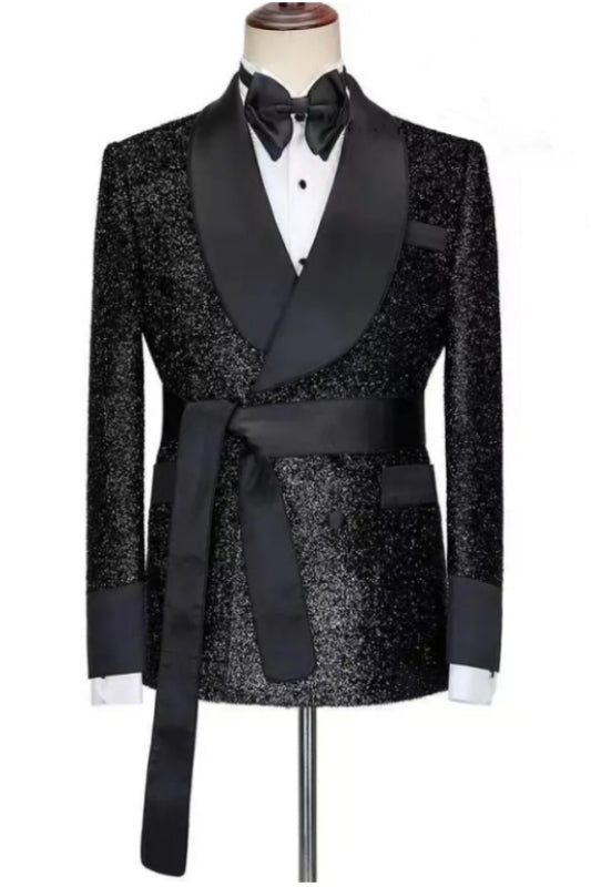 Fashionable Black Shawl Lapel Two-Piece Sequined Wedding Suit