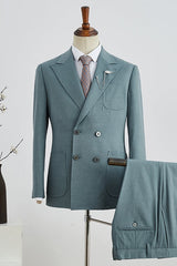 Fashionable Blue Double Breasted Peaked Lapel Men's Prom Suit