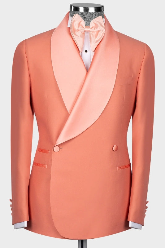 Fashionable Coral Shawl Collar Double-Breasted Wedding Suit