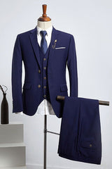 Fashionable Dark Blue Notched Lapel Two Button Slim Fit Business Suit