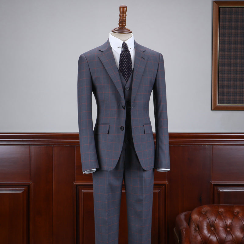 Fashionable Dark Gray Plaid Notched Lapel Two Button Business Suit