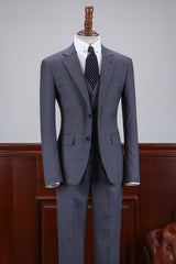Fashionable Dark Gray Plaid Notched Lapel Two Button Business Suit