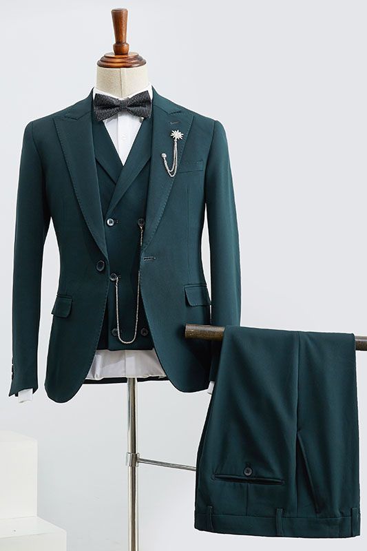 Fashionable Dark Green Three Pieces Slim Fit Tailored Business Suit