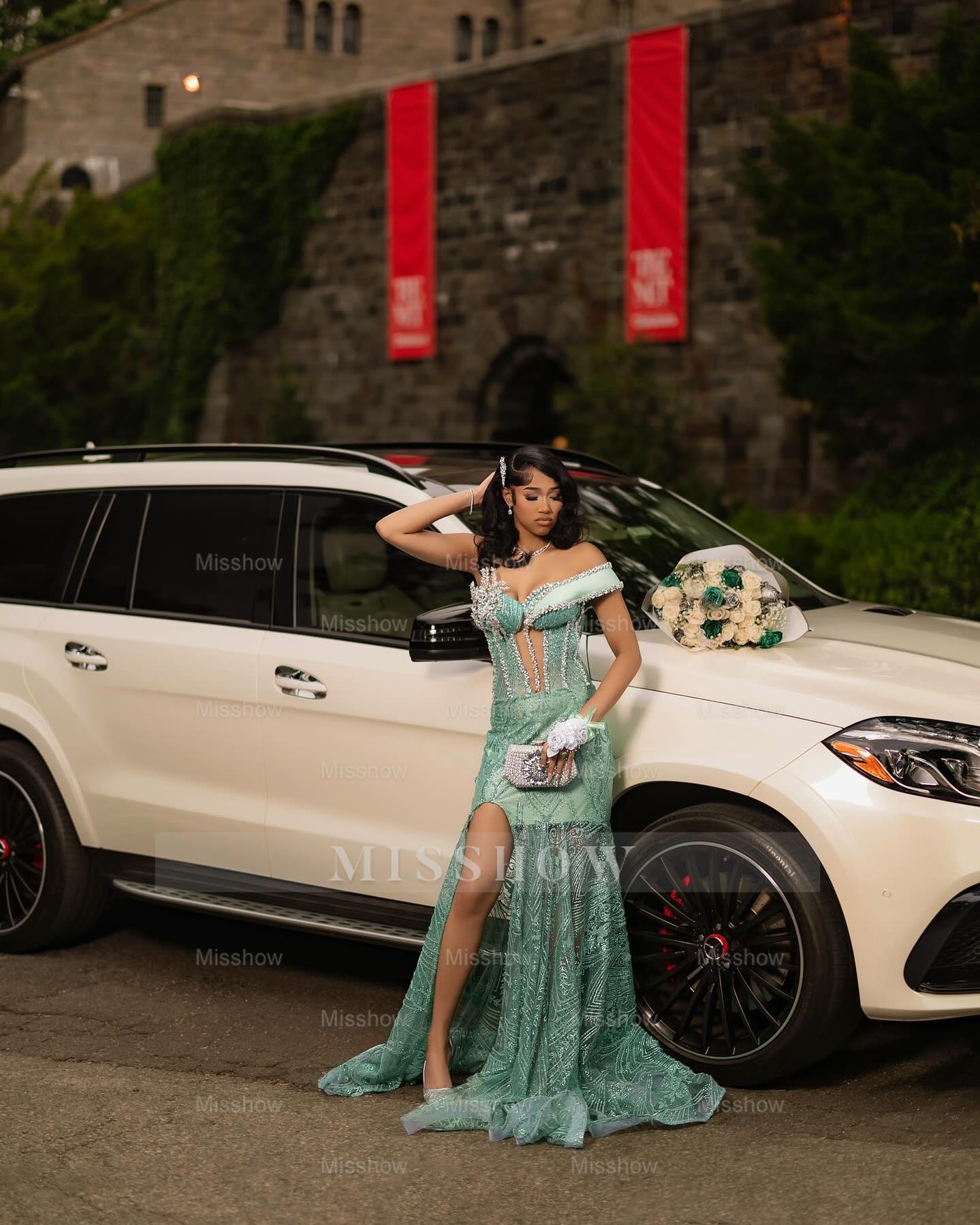 Fashionable Dusty Sage One Shoulder Sleeveless Mermaid Prom Dress with Slit and Rhinestones