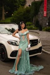 Fashionable Dusty Sage One Shoulder Sleeveless Mermaid Prom Dress with Slit and Rhinestones