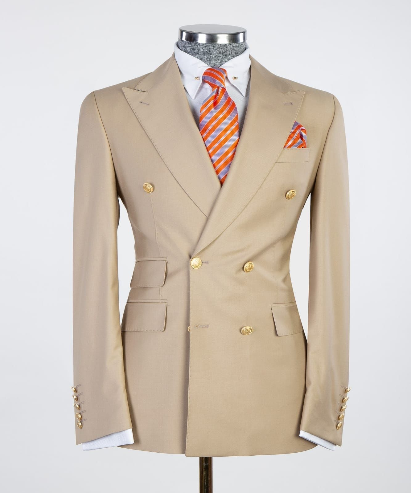 Fashionable Khaki Double Breasted Peak Lapel Business Men’s Suits