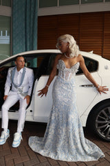 Fashionable Long Blue Sweetheart Sleeveless Mermaid Prom Dress with Rhinestones and Embroidery