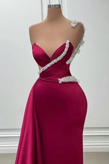 Fashionable Long Burgundy Mermaid One Shoulder Beading Satin Prom Evening Dresses