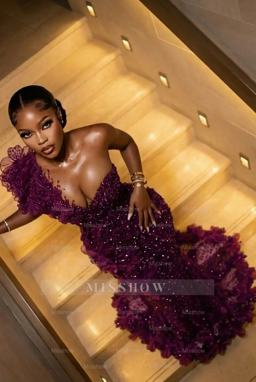 Grape one shoulder beaded mermaid prom dress