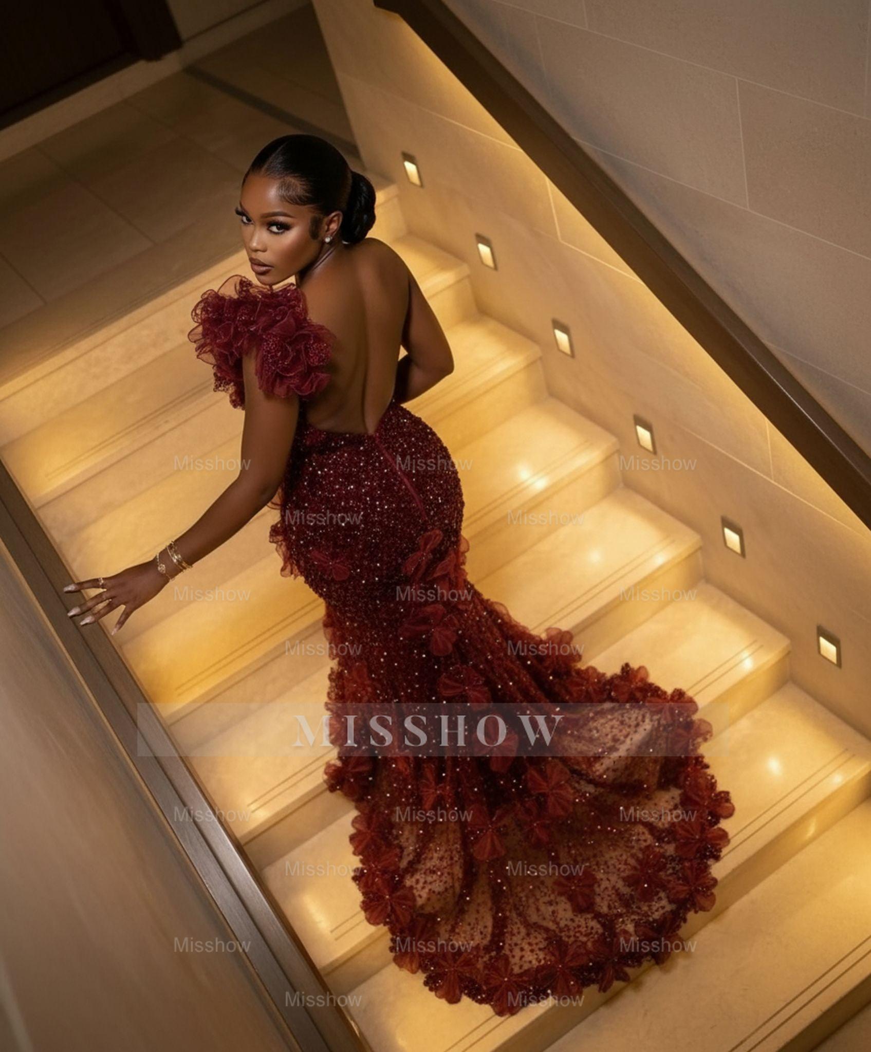 Burgundy one shoulder beaded mermaid prom dress