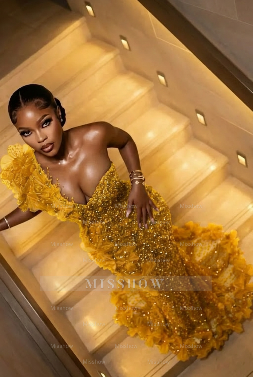 Yellow one shoulder beaded mermaid prom dress