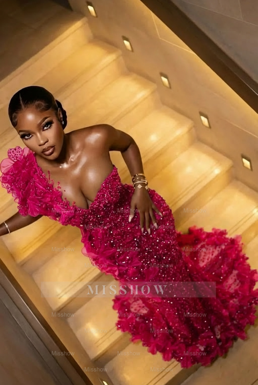 Fuchsia one shoulder beaded mermaid prom dress