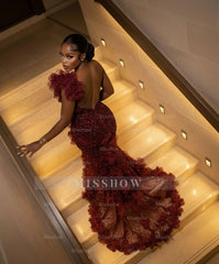 Burgundy one shoulder beaded mermaid prom dress