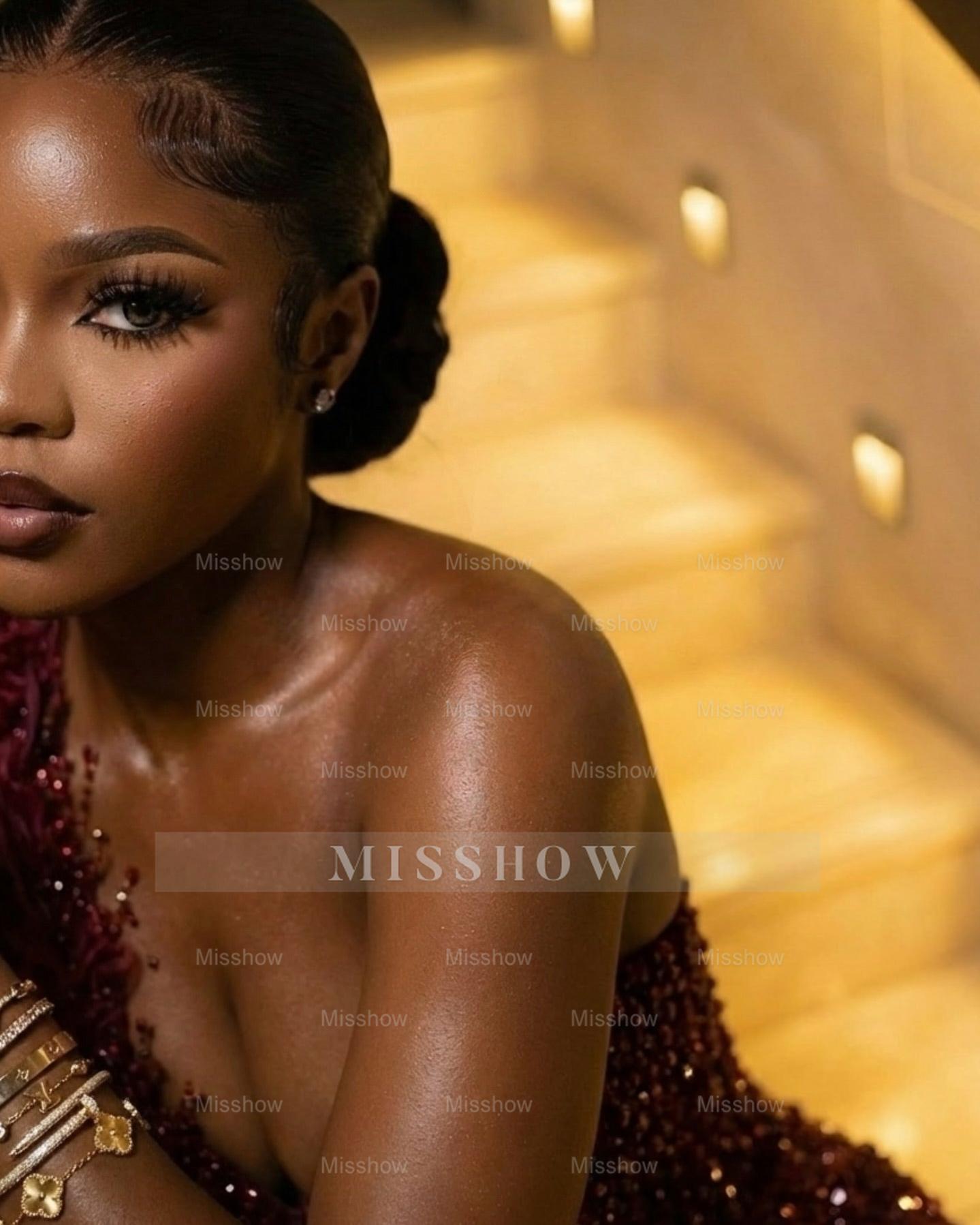 Burgundy one shoulder beaded mermaid prom dress