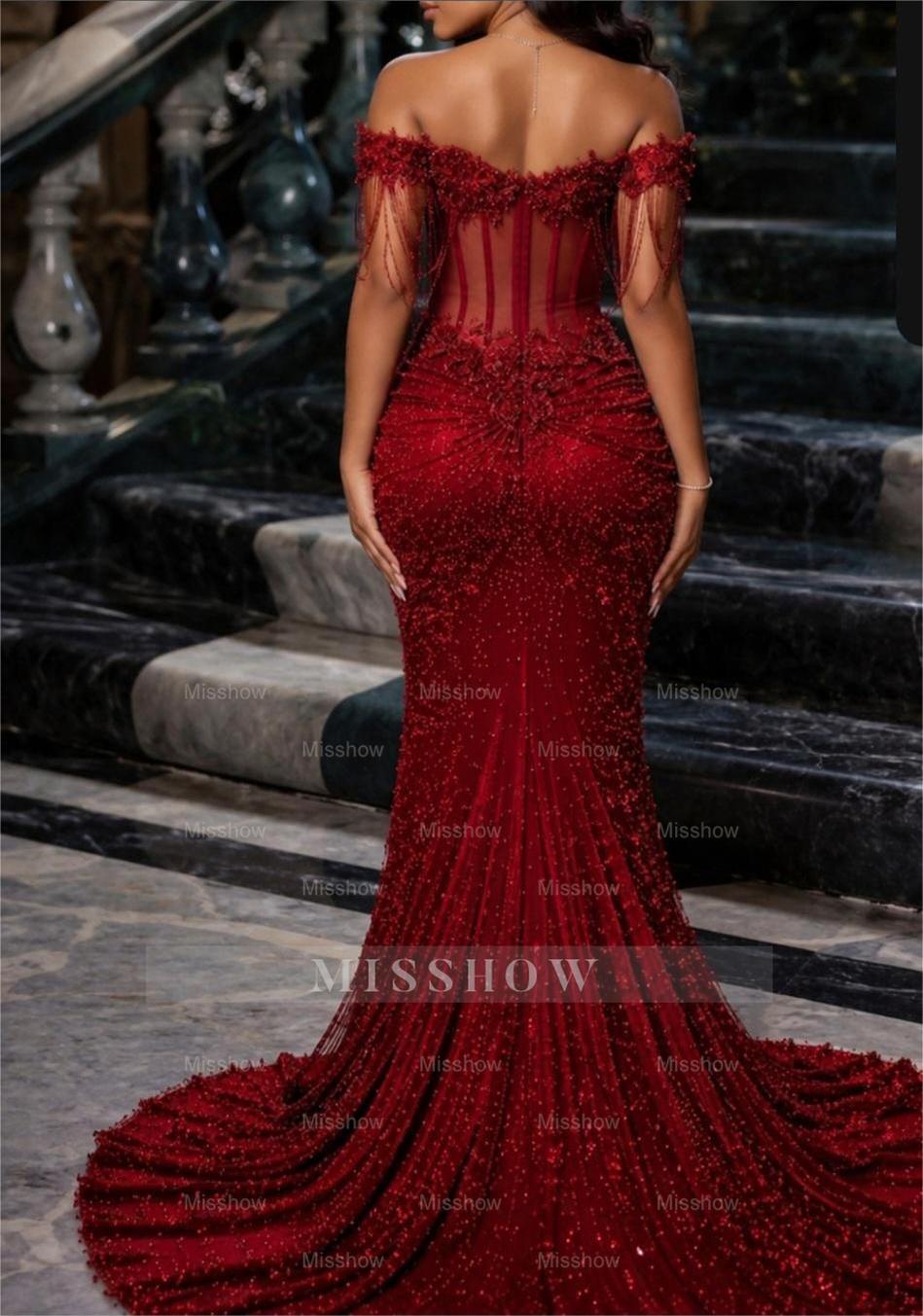 Fashionable Long Burgundy Off-the-shoulder Lace Beaded Mermaid Prom Dress with Slit