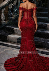 Fashionable Long Burgundy Off-the-shoulder Lace Beaded Mermaid Prom Dress with Slit