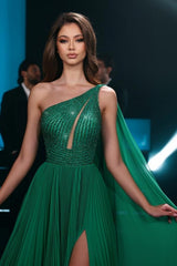 Fashionable Long Emerald A-line One Shoulder Chiffon Beading Prom Evening Dresses with Slit