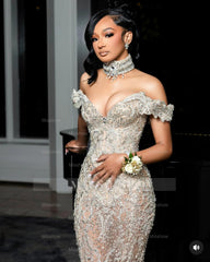 Fashionable Long Off-The-Shoulder Sleeveless Mermaid Prom Dress with Appliques and Rhinestones