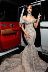 Fashionable Long Off-The-Shoulder Sleeveless Mermaid Prom Dress with Appliques and Rhinestones