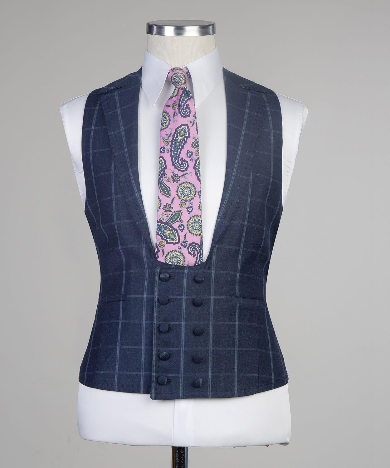 Fashionable Navy Plaid Slim Fit Tailored Business Men’s Suit