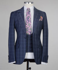 Fashionable Navy Plaid Slim Fit Tailored Business Men’s Suit