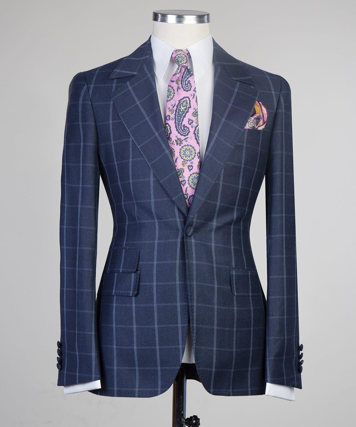 Fashionable Navy Plaid Slim Fit Tailored Business Men’s Suit
