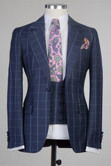 Fashionable Navy Plaid Slim Fit Tailored Business Men’s Suit