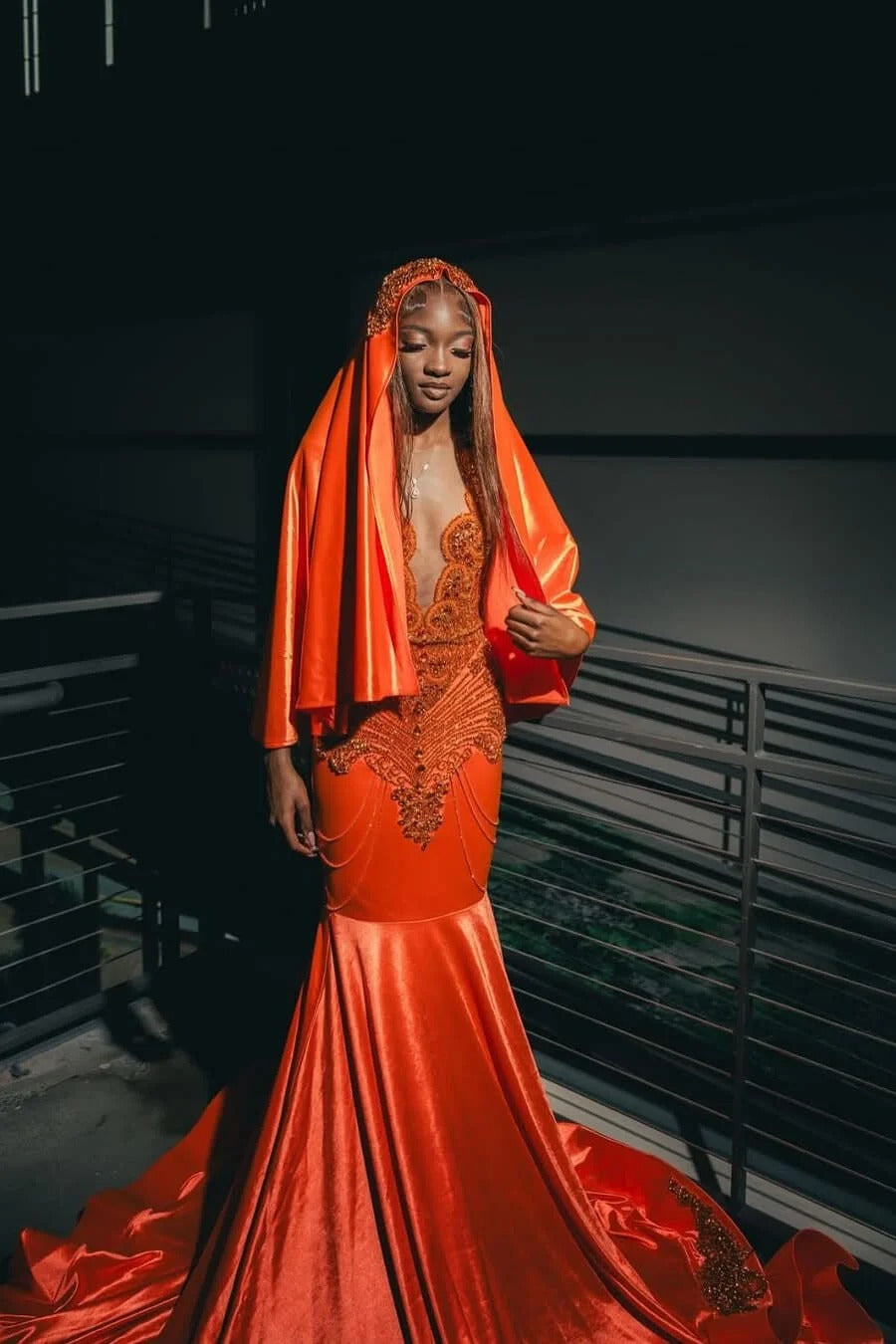 Fashionable Orange Sleeveless Mermaid Prom Dress With Beadings