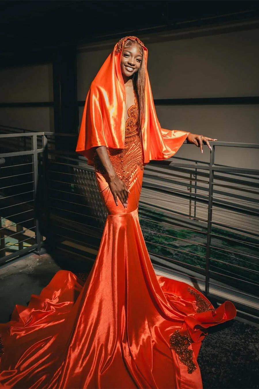 Fashionable Orange Sleeveless Mermaid Prom Dress With Beadings