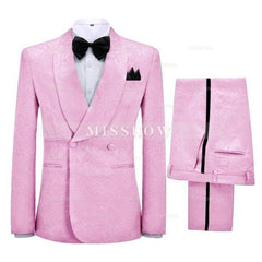 Fashionable Pink Jacquard Shawl Collar Double-Breasted Wedding Suit