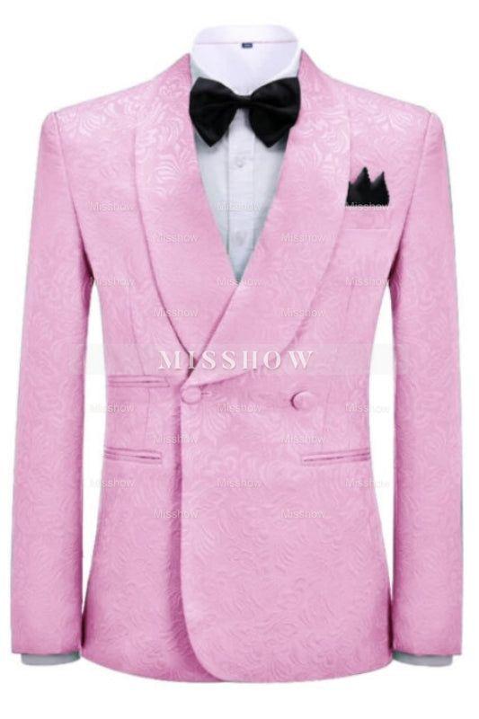 Fashionable Pink Jacquard Shawl Collar Double-Breasted Wedding Suit